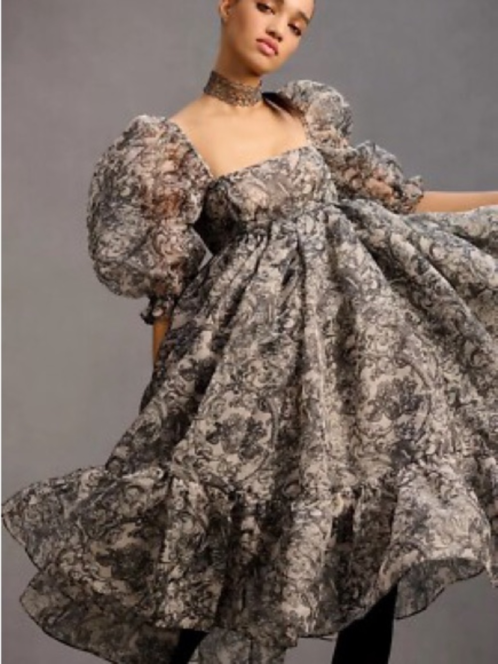 Selkie Gray and White Floral Puff Dress